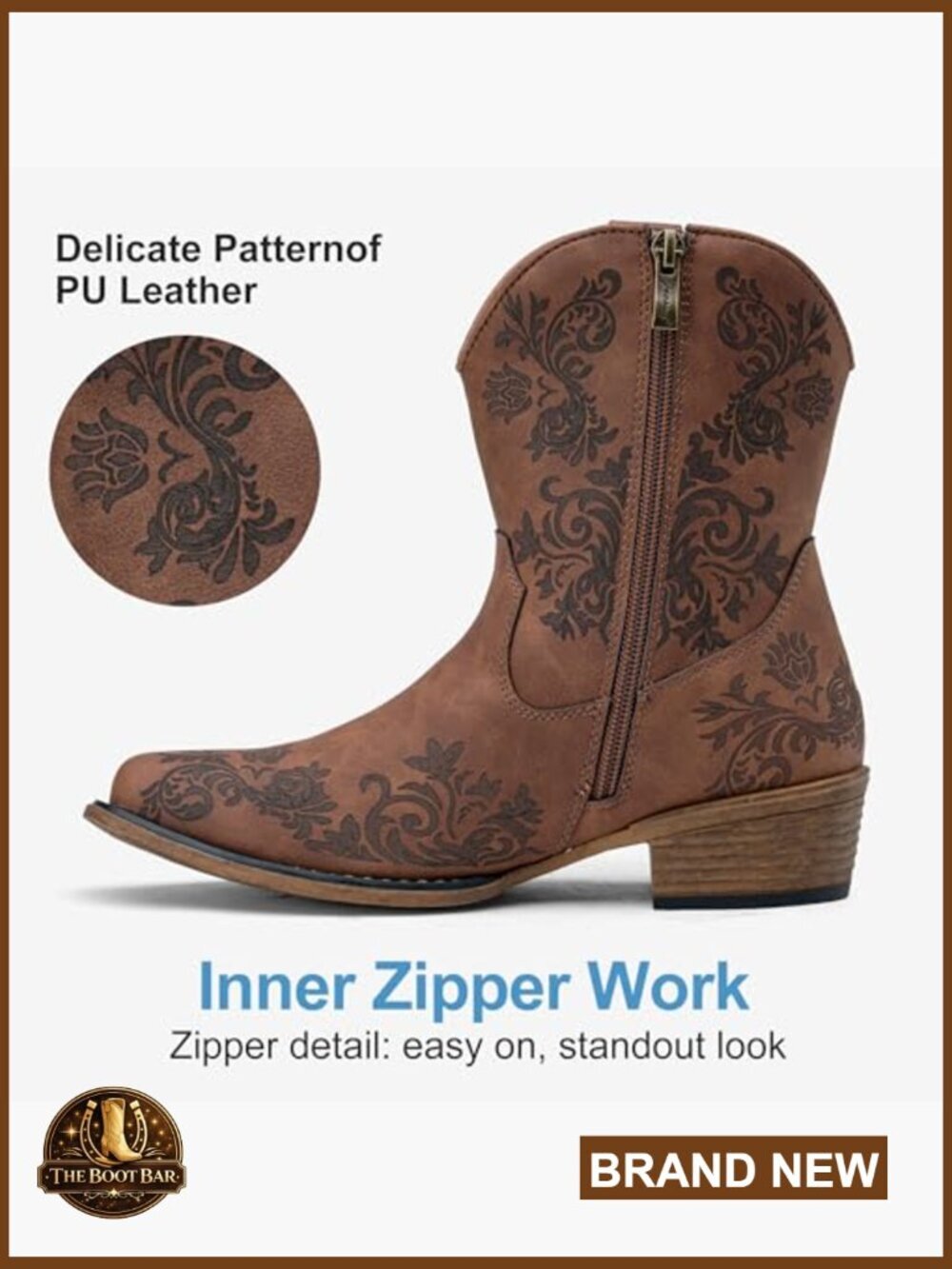 Women's Cowboy Ankle Boots Square Toe Low Heel Zipper Comfortable Western - Picture 4 of 7